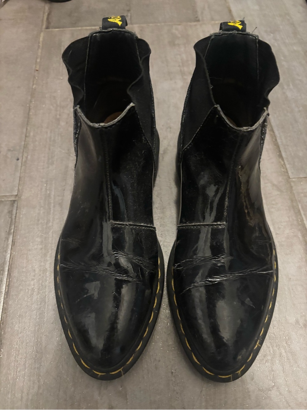 Black Patent Leather Chelsea Boots with Yellow Stitching
